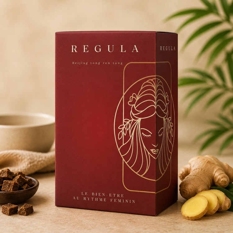 Boîte bordeaux Regula Wellness avec un stick individuel et une tasse, entourés de gingembre et de sucre brun.
