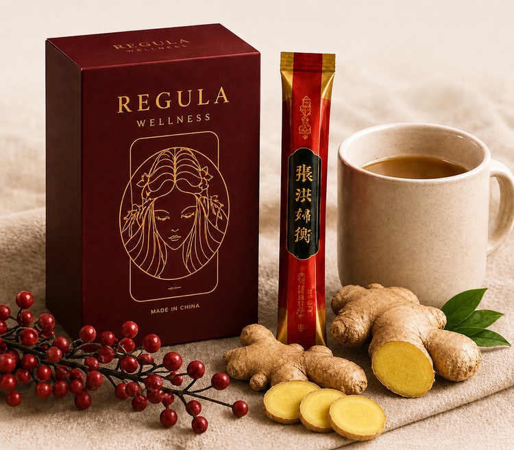 Boîte Bordeaux Regula Wellness avec un stick individuel et une tasse, entourés de gingembre et de baies rouges.