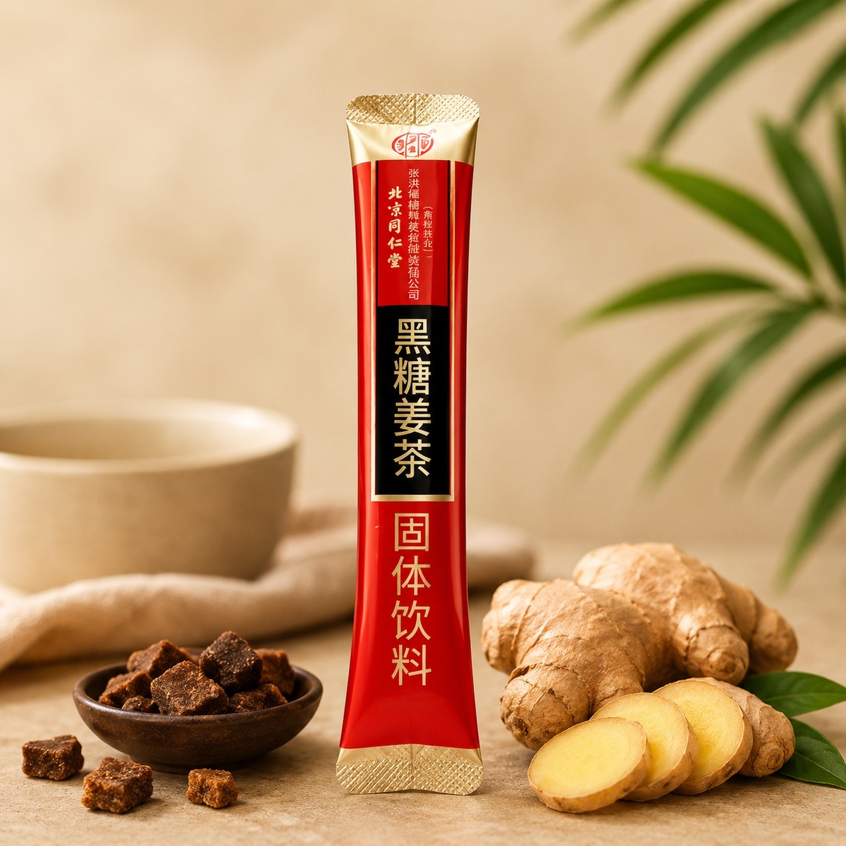 Stick individuel Regula Wellness, entouré de gingembre et de sucre brun.